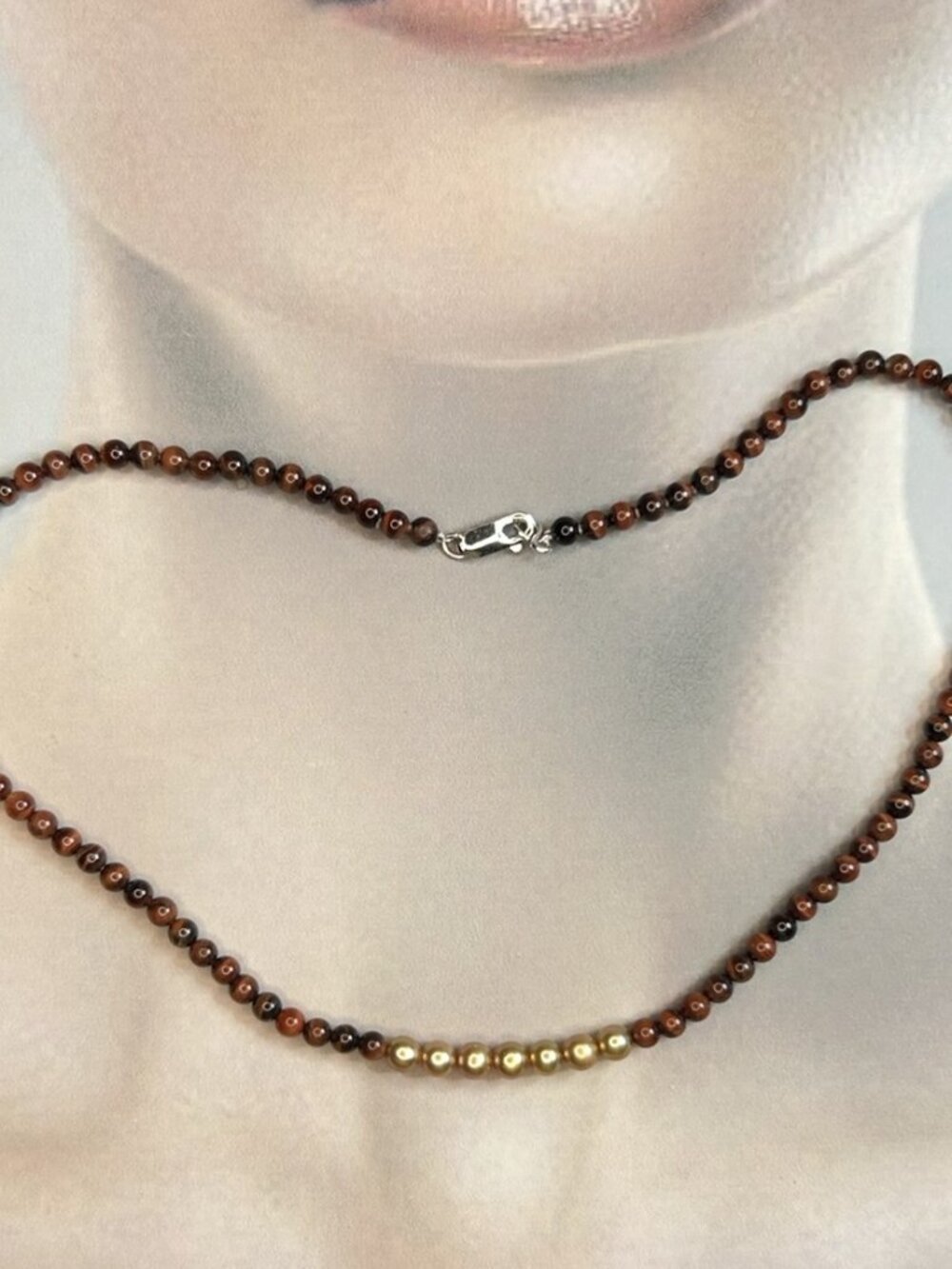 Red Burnt Tiger-Eye Beads with Freshwater Pearl Necklace.